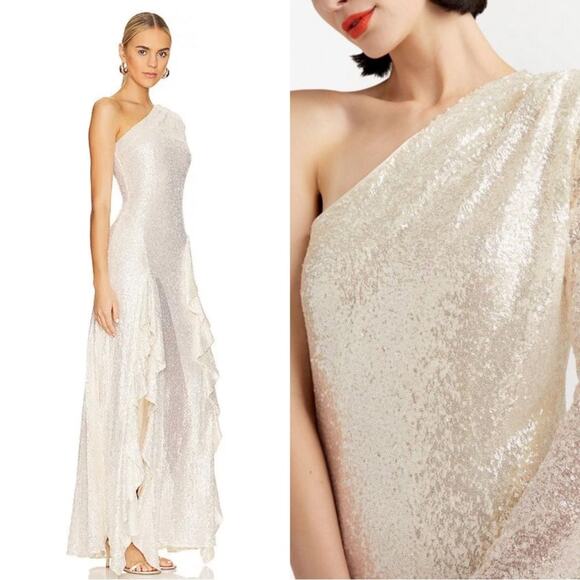 Cinq A Sept Angeline Sequin One Shoulder Ruffle Alabaster White Maxi Gown Sz 8 - Picture 4 of 11